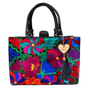 Large Mexican Artisanal Floral Tapestry Satchel & Makeup‎ Bag Set Vegan Leather